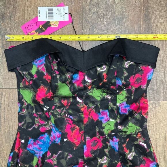 Betsey Johnson Black Pink Blue Floral Sweetheart Strapless Mini Dress sz 8‎ NEW! - Picture 4 of 9